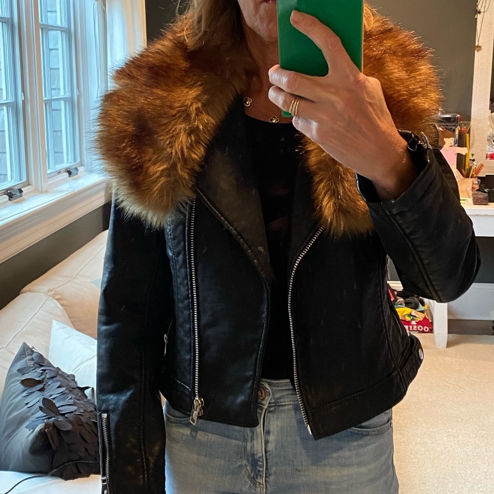 Forever 21 Black Leather Jacket with Brown Fur Collar